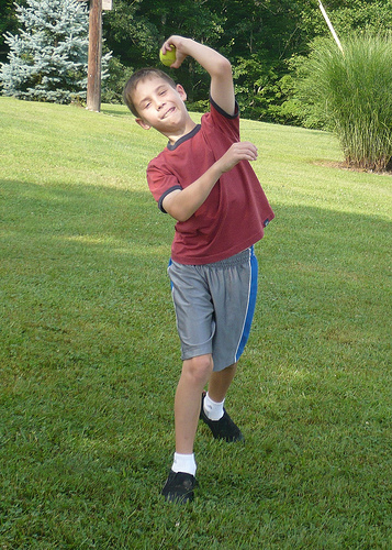 Benton practices a stunt pitch