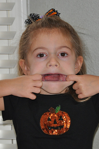 Alana in her Halloween outfit hams it up for the camera
