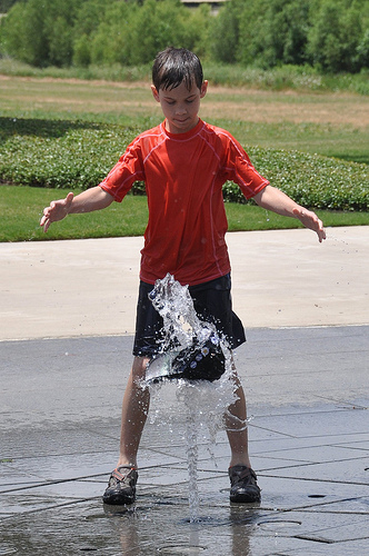 Benton works on "hat levitation" in the fountains