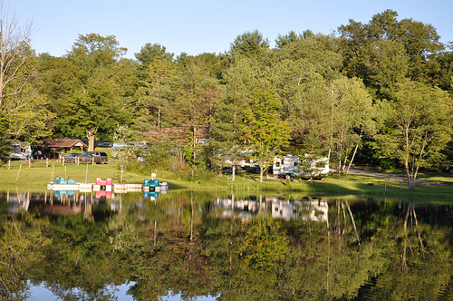 Looking over the pond at our campground (we were in the camper back in the trees with the blue chairs in front of it)