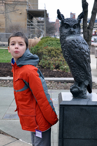 Carson Poses with an Owl at Battelle Riverfront Park